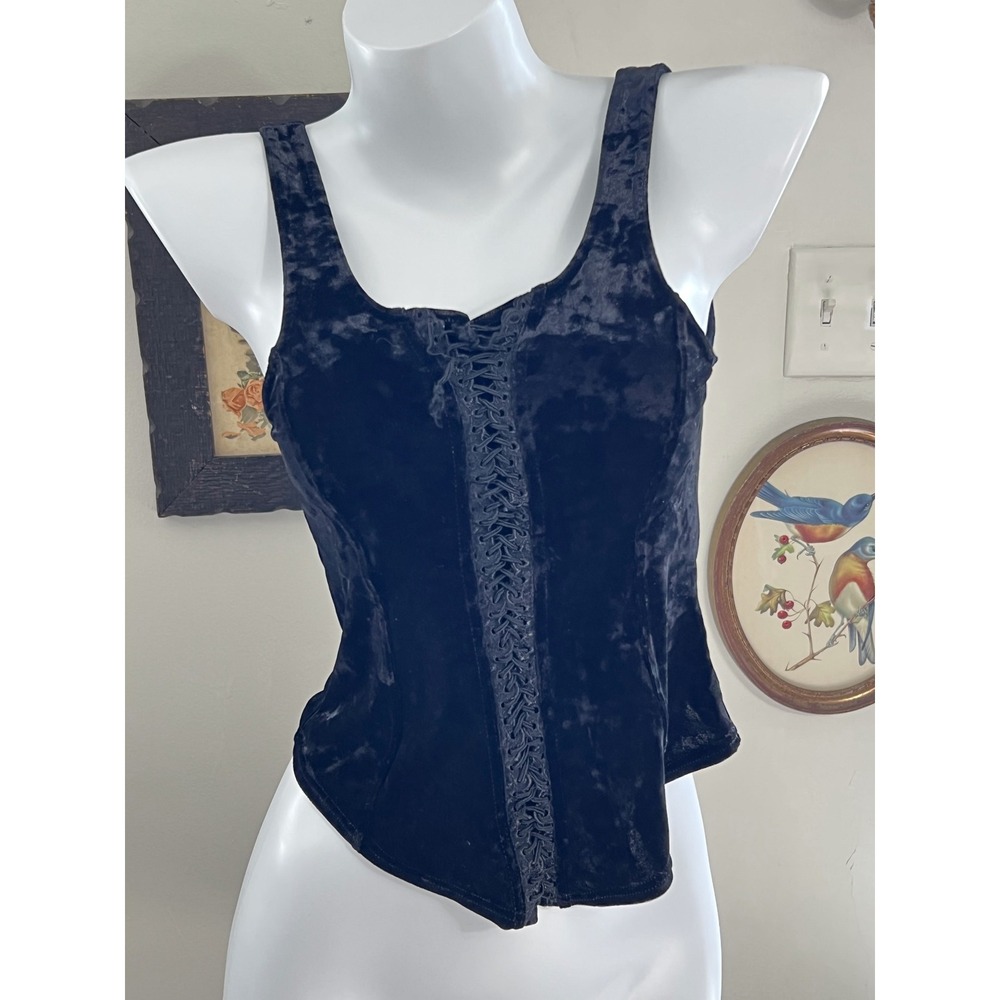 Vintage Arianne Black Crushed Velvet Corset Style Tank Top Size S
